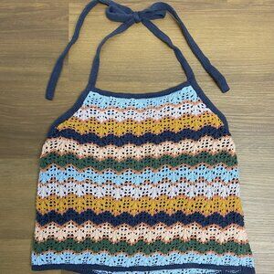 American Eagle Crop Top Medium Crocheted Sleeveless Halter Top Blue Green Pink